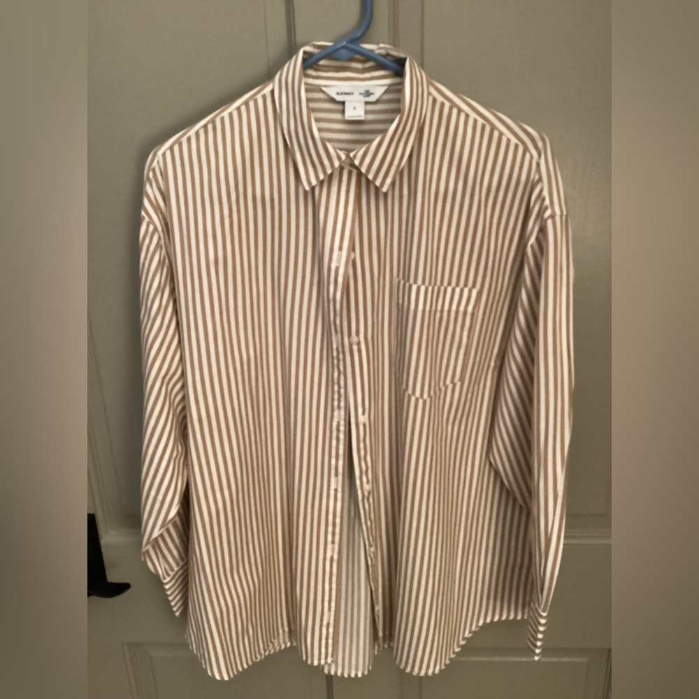 Old Navy Women’s Tan and White Striped Boyfriend Shirt